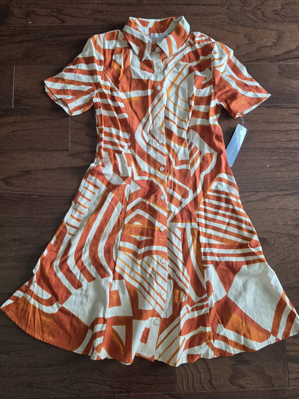 London Times Linen Blend Orange and Cream Abstract Midi Shirt Dress